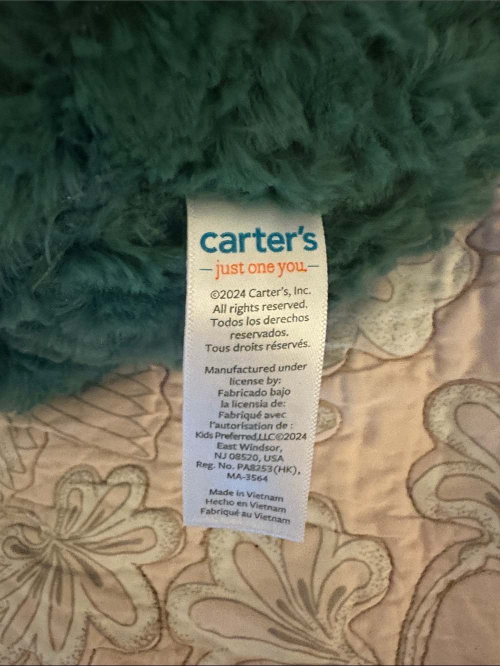 Carter's Just One Year Green Plush baby Triceratops with Navy Crest NWT. - Picture 3 of 8